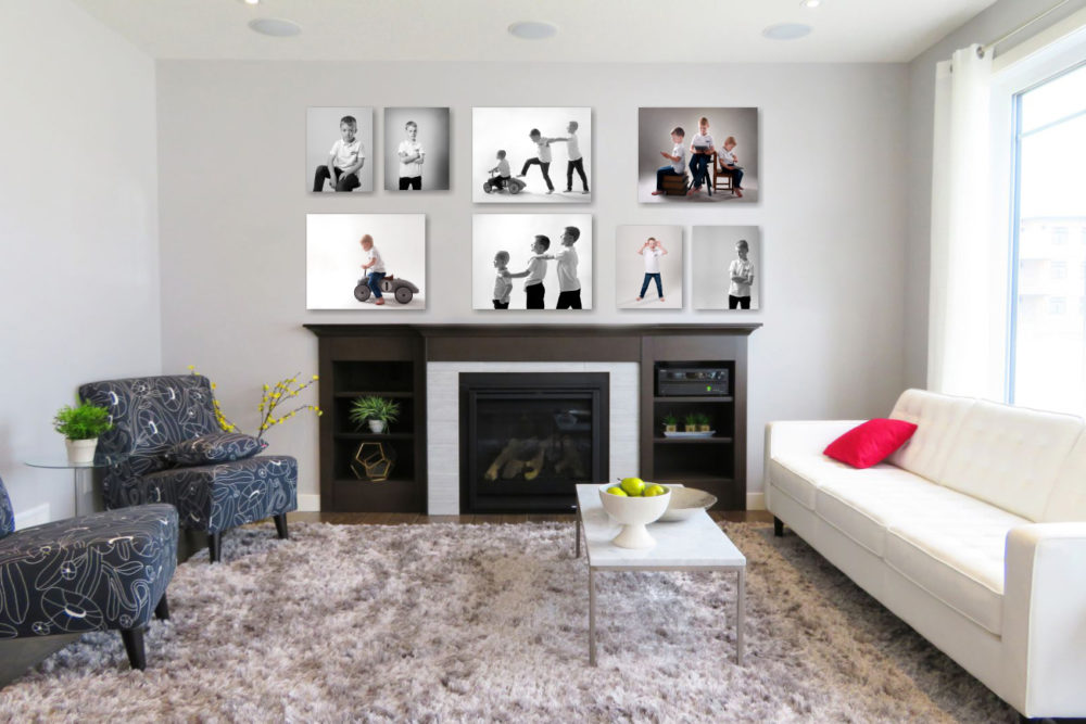 wall display of eight images above a fireplace