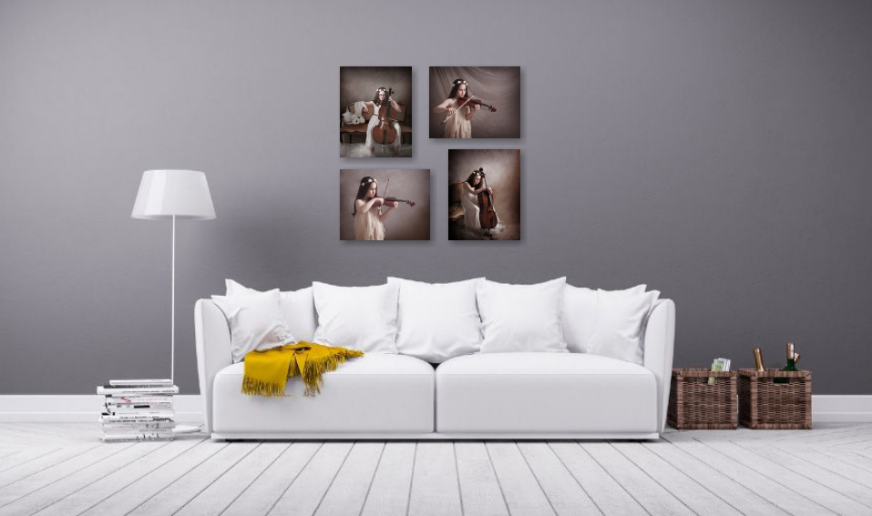 four images of a gorl with a vilin an cello on a wall witha white couch